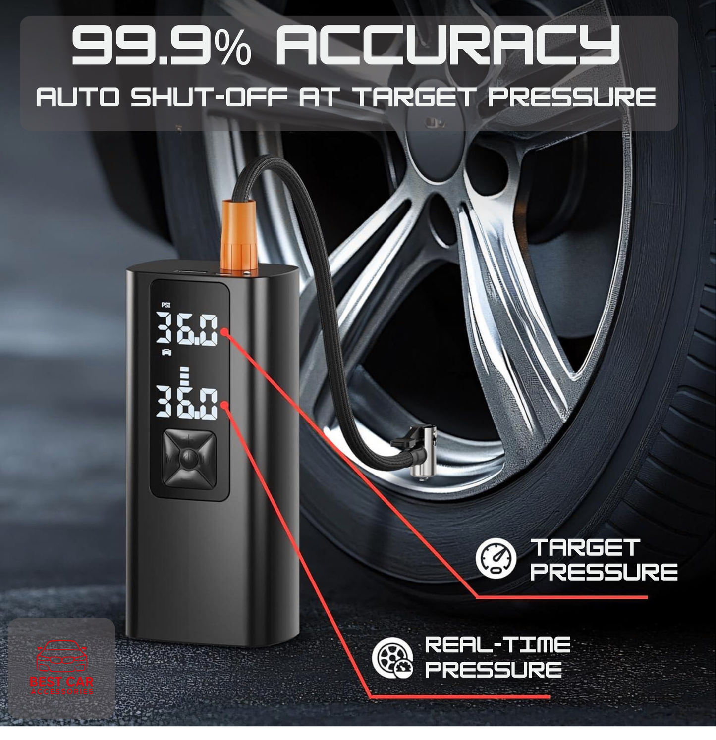 Digital tire pressure monitor with a car tire in the background, highlighting features like 99.9% accuracy and auto shut-off at target pressure.