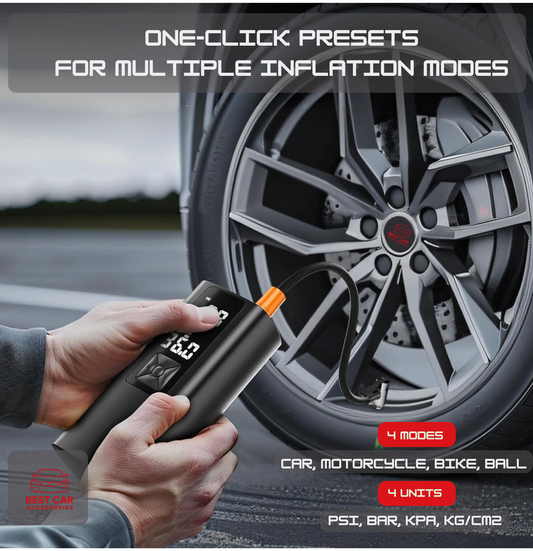 Hand using a digital tire inflator on a car tire with text about inflation modes.