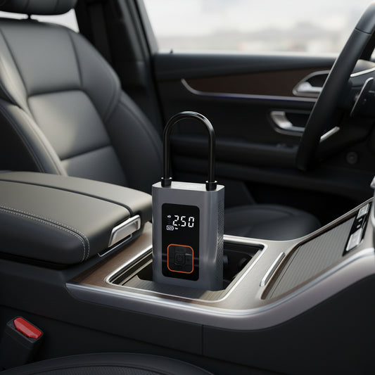 BCA portable digital tire inflator placed in a car cup holder in a modern leather interior