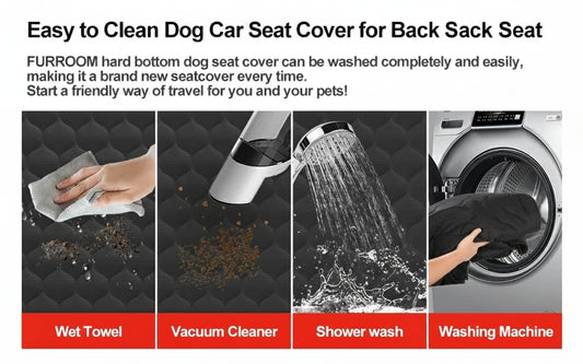 Dog car seat cover cleaning process with wet towel, vacuum cleaner, shower, and washing machine.