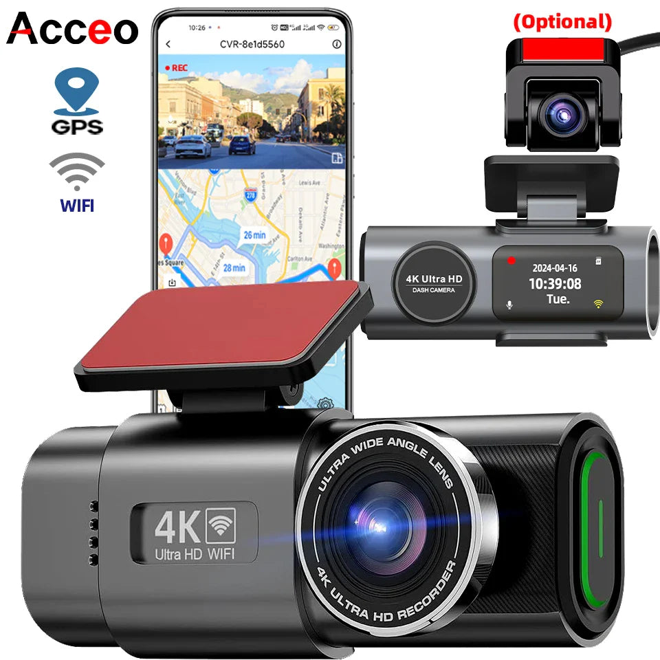 4K dash cam installed behind rearview mirror with night HDR footage preview