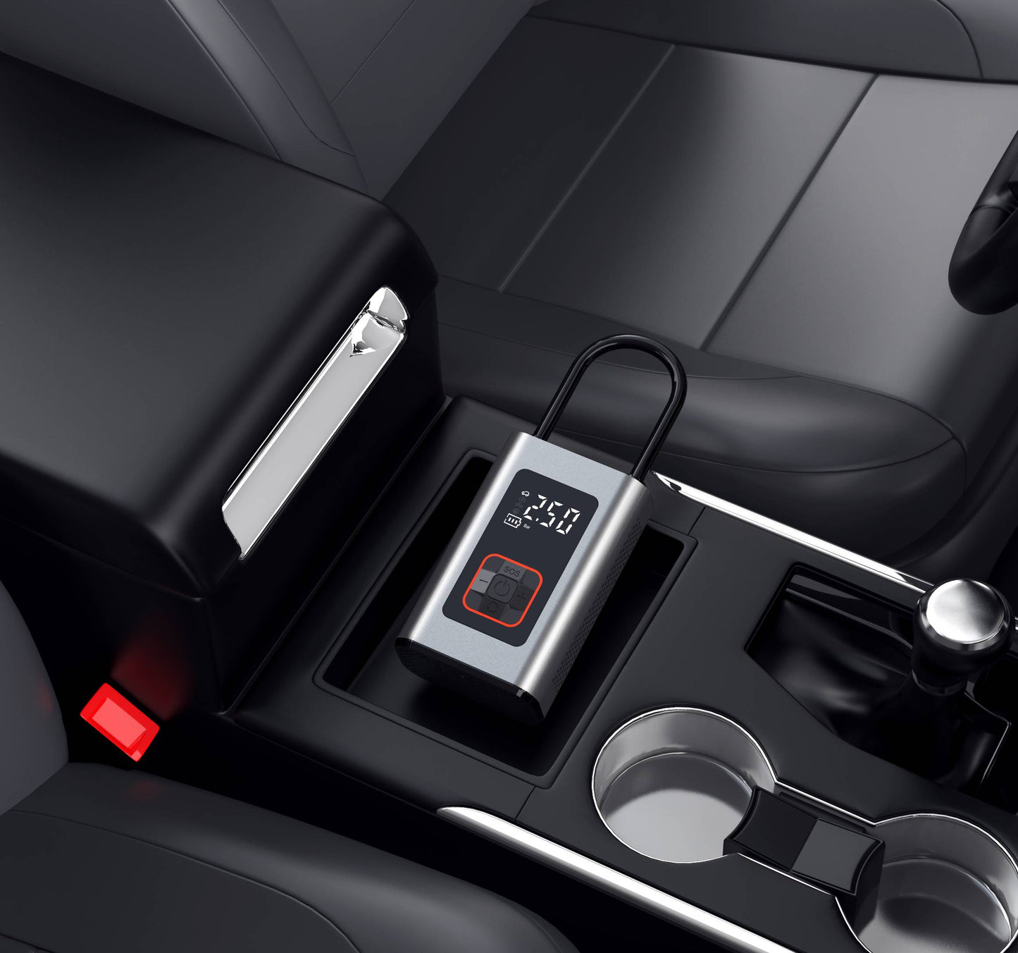 BCA portable digital tire inflator stored in a car center console cup holder