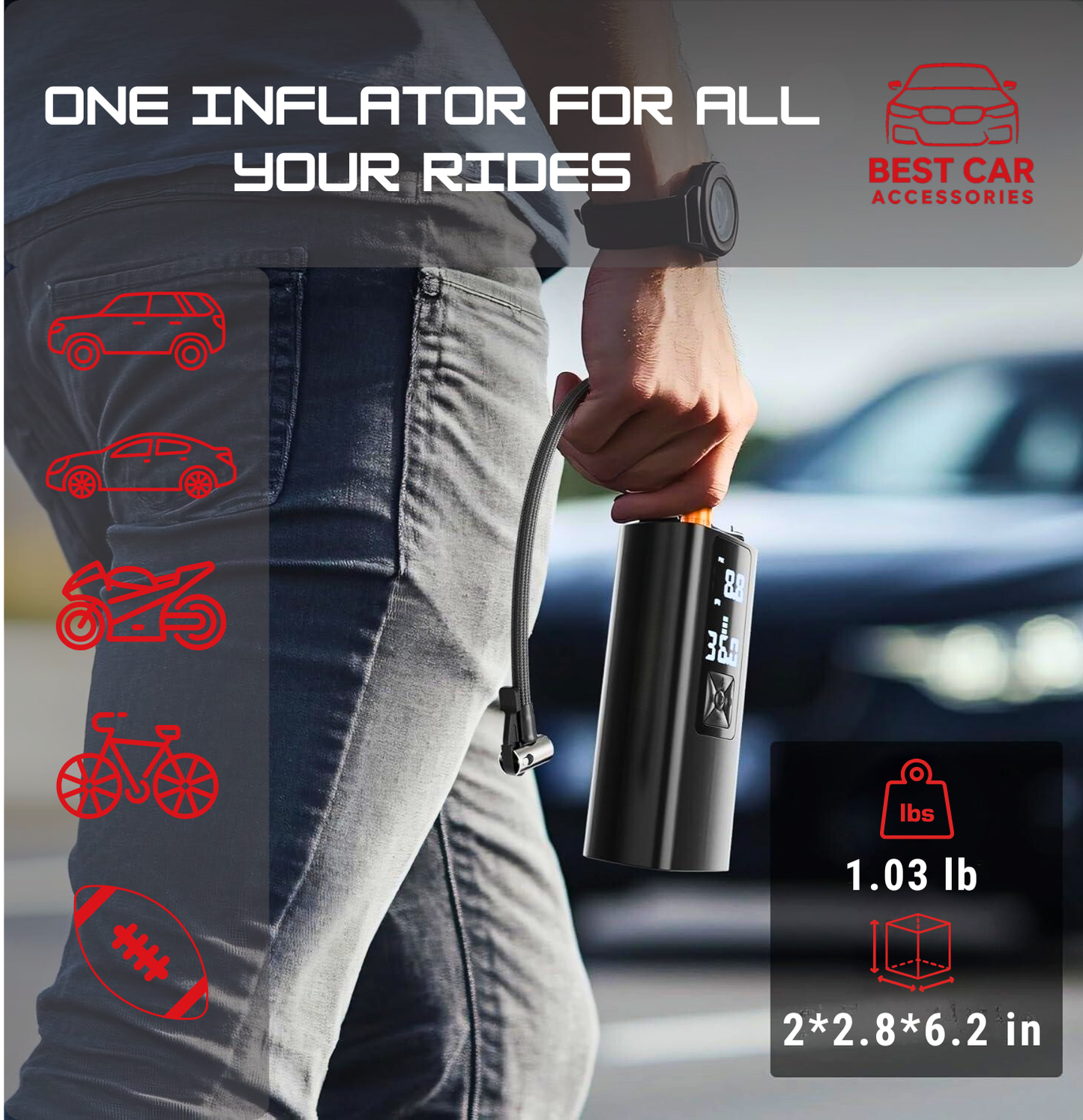 Person holding a car inflator with text and icons indicating its versatility for various rides.