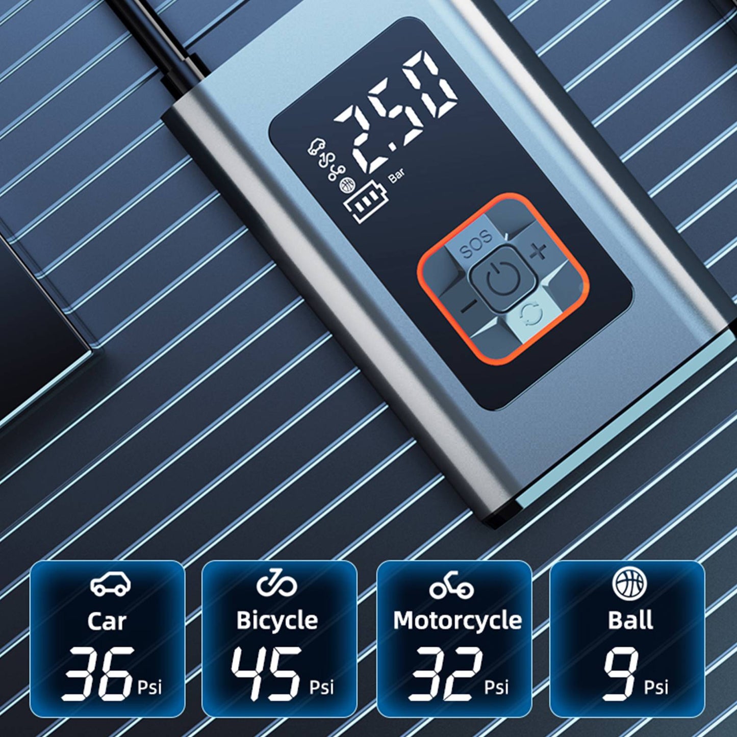 BCA portable digital tire inflator showing preset PSI modes for car, bicycle, motorcycle and ball on a striped background