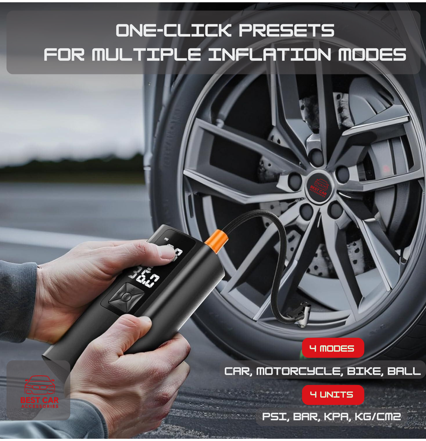 Hand using a digital tire inflator on a car tire with text about inflation modes.