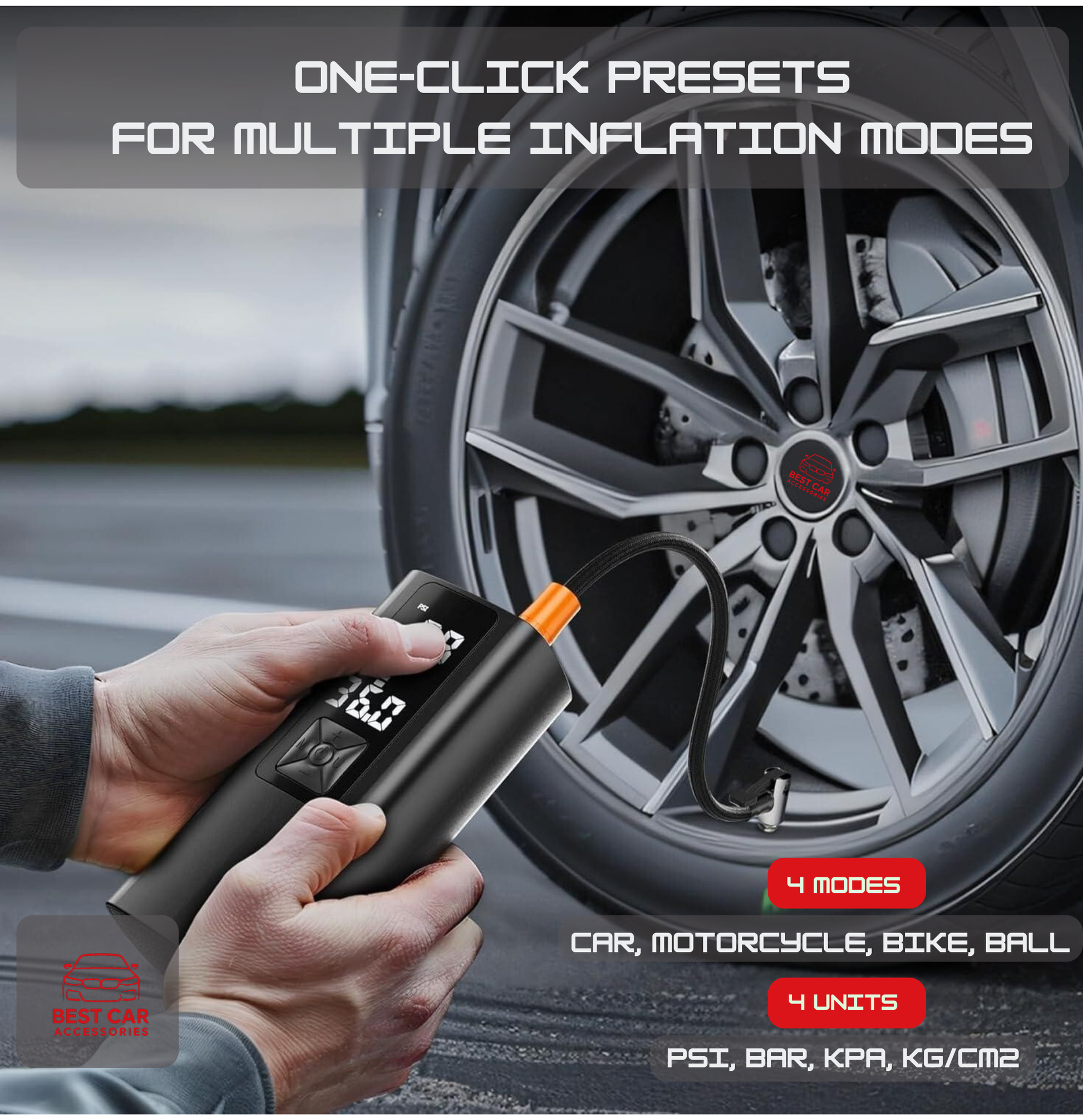 Hand using a digital tire inflator on a car tire with text about inflation modes.