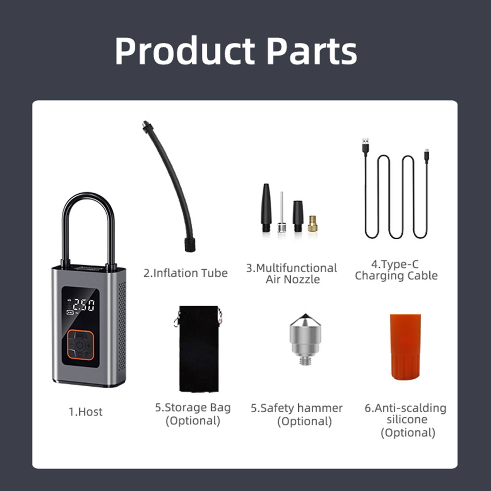 BCA portable digital tire inflator kit with inflation tube, air nozzles, USB-C charging cable, storage bag and accessories on dark background