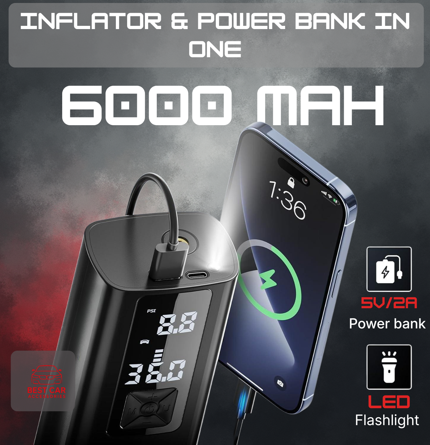Inflator and power bank device with smartphone charging, labeled '6000 mAh'.