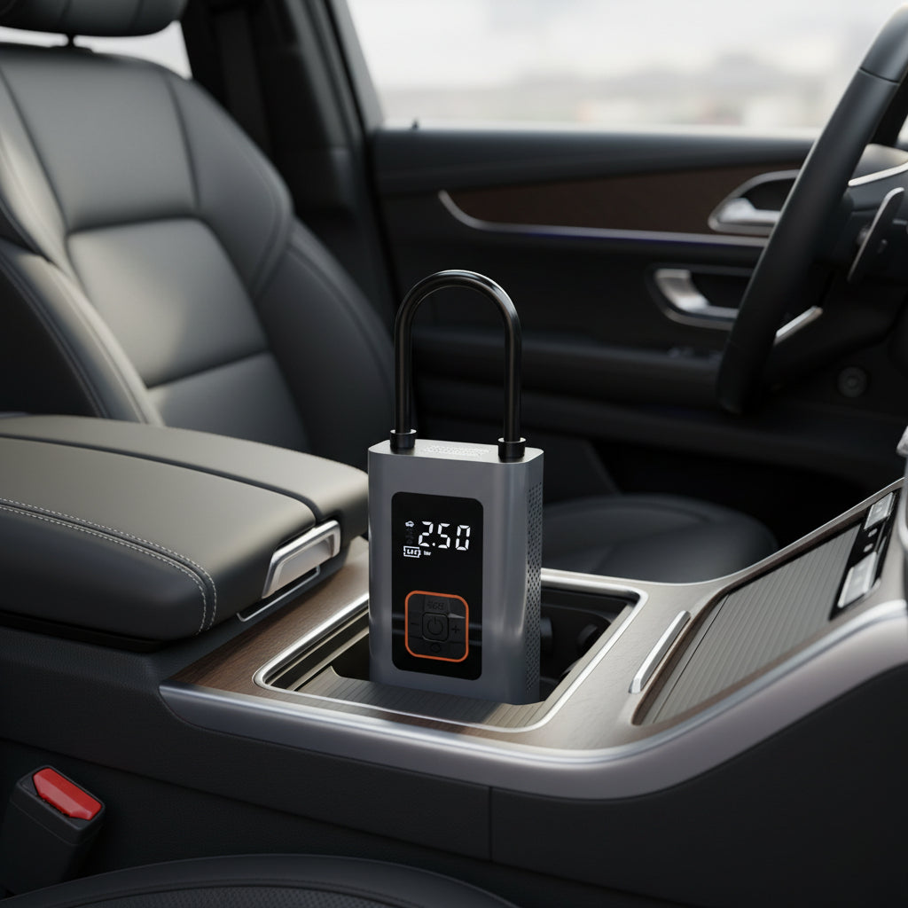 BCA portable digital tire inflator placed in a car cup holder in a modern leather interior

