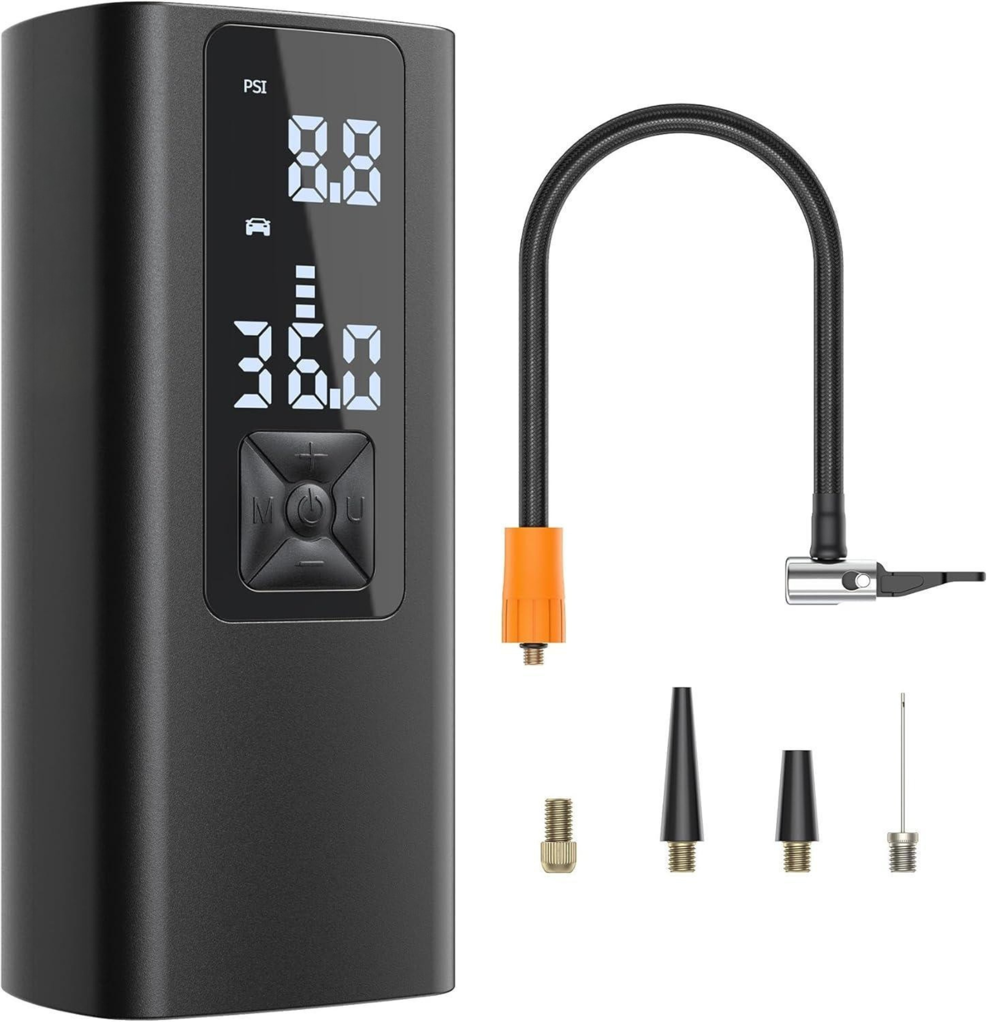 Black digital air compressor with attachments on a white background