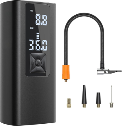 Black digital air compressor with attachments on a white background