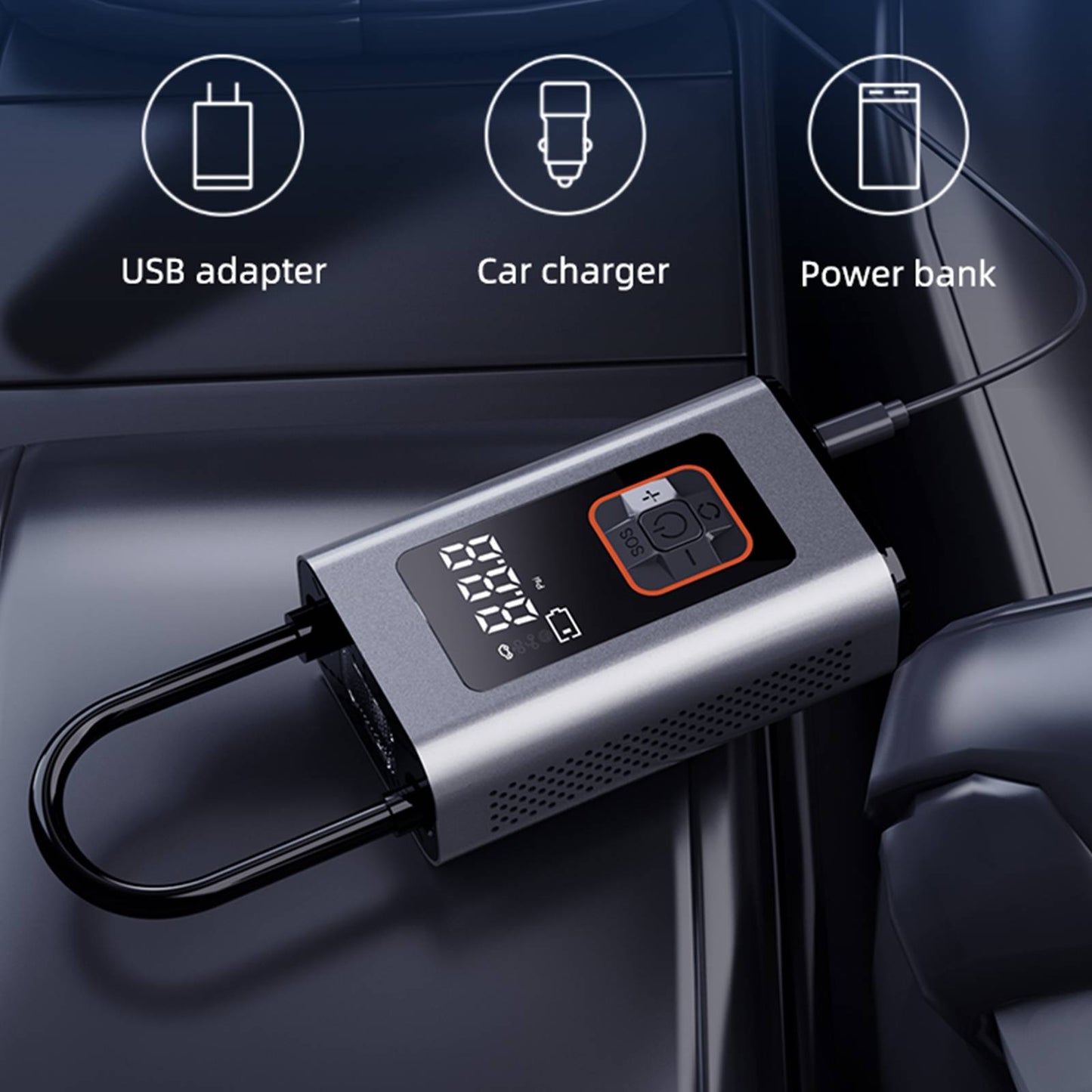 BCA portable digital tire inflator charging in a car, showing USB adapter, car charger and power bank options

