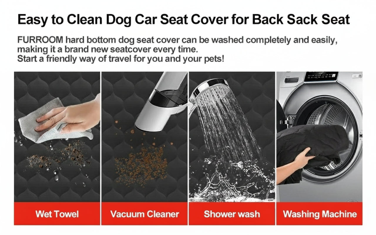 Dog car seat cover cleaning process with wet towel, vacuum cleaner, shower, and washing machine.