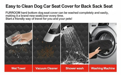 Dog car seat cover cleaning process with wet towel, vacuum cleaner, shower, and washing machine.