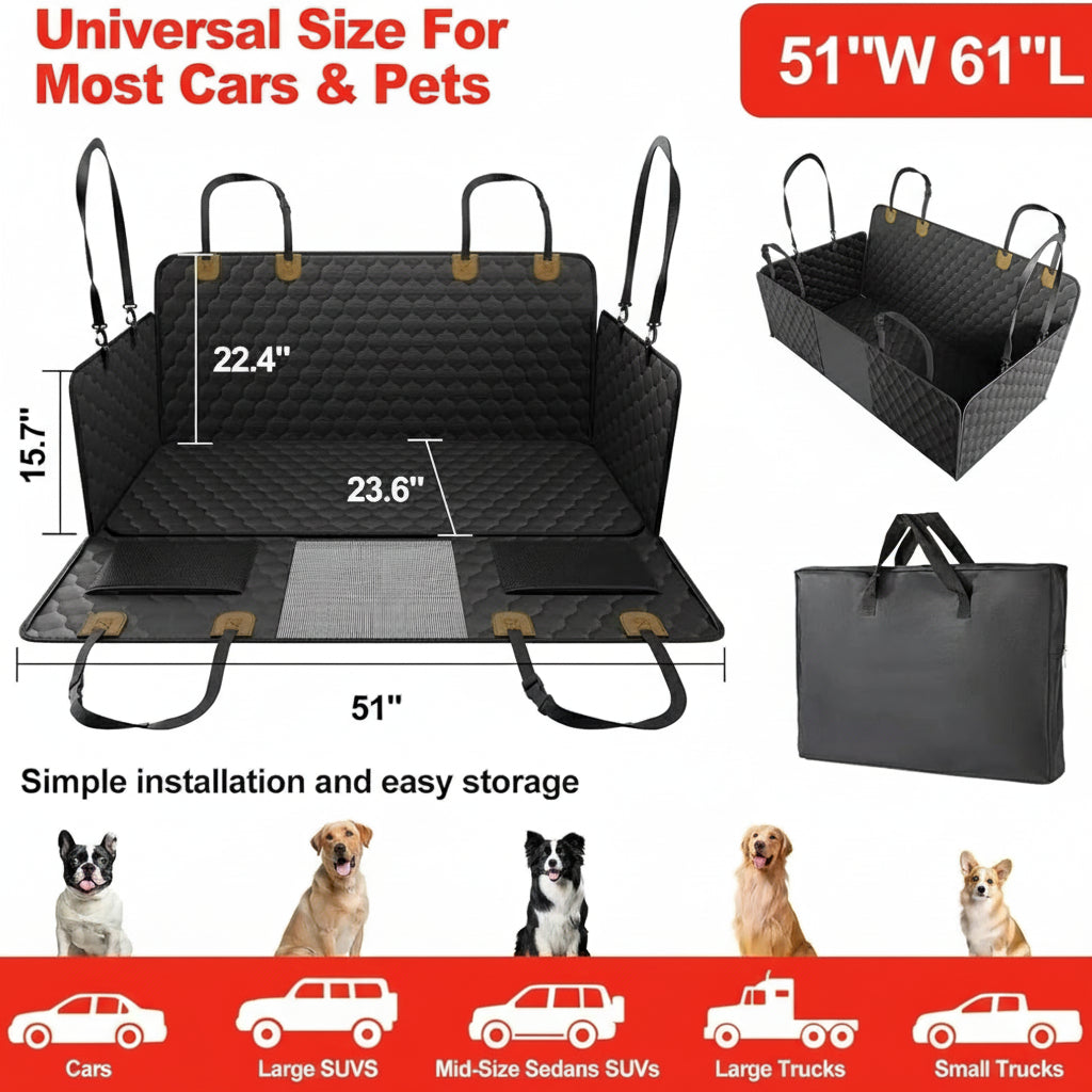 Dog car seat cover with dimensions and features on a white background