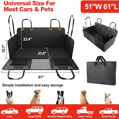 Dog car seat cover with dimensions and features on a white background