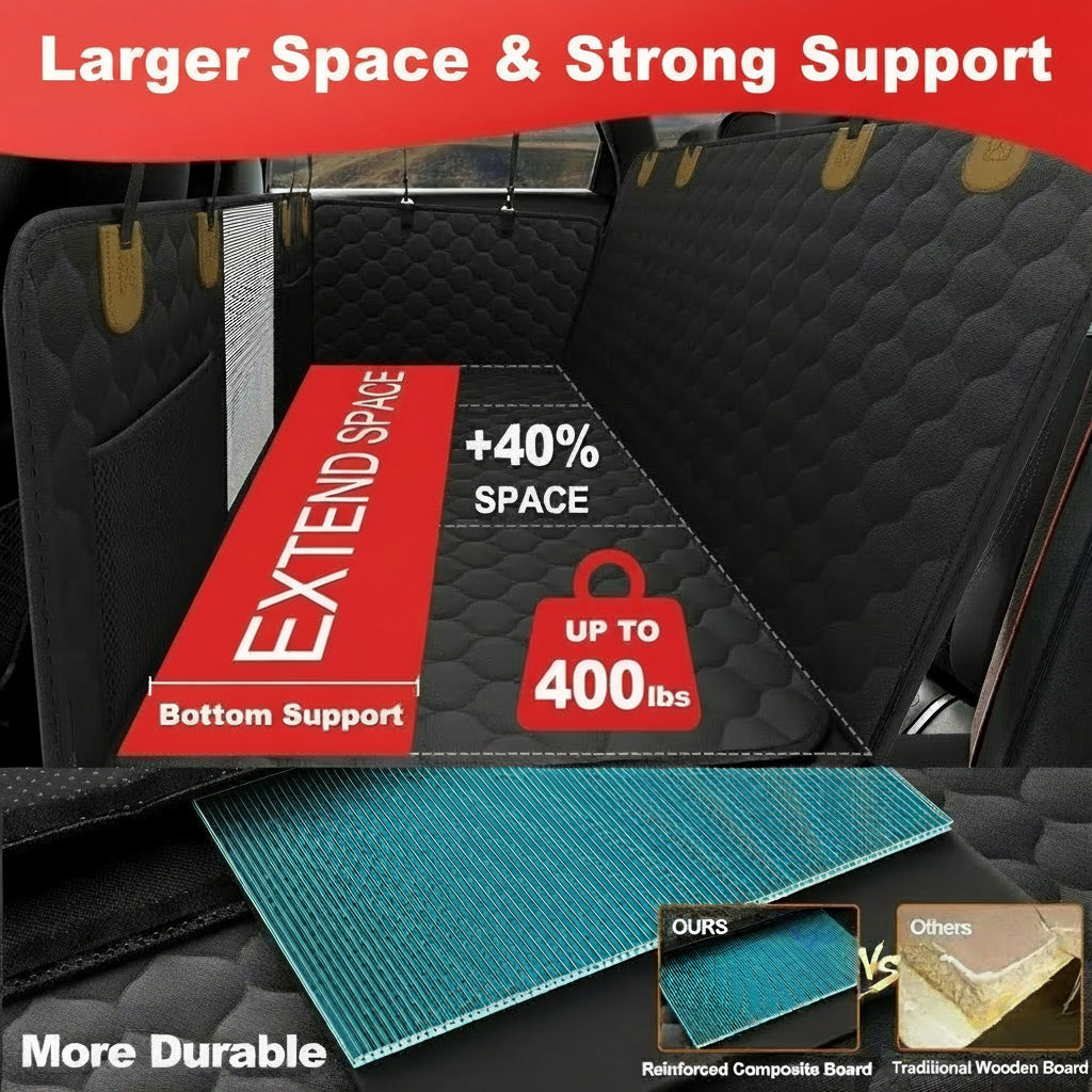 Car seat cover with extendable space and strong support features, showing additional space and weight capacity.