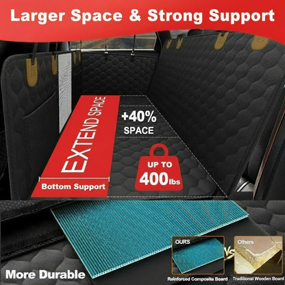 Car seat cover with extendable space and strong support features, showing additional space and weight capacity.