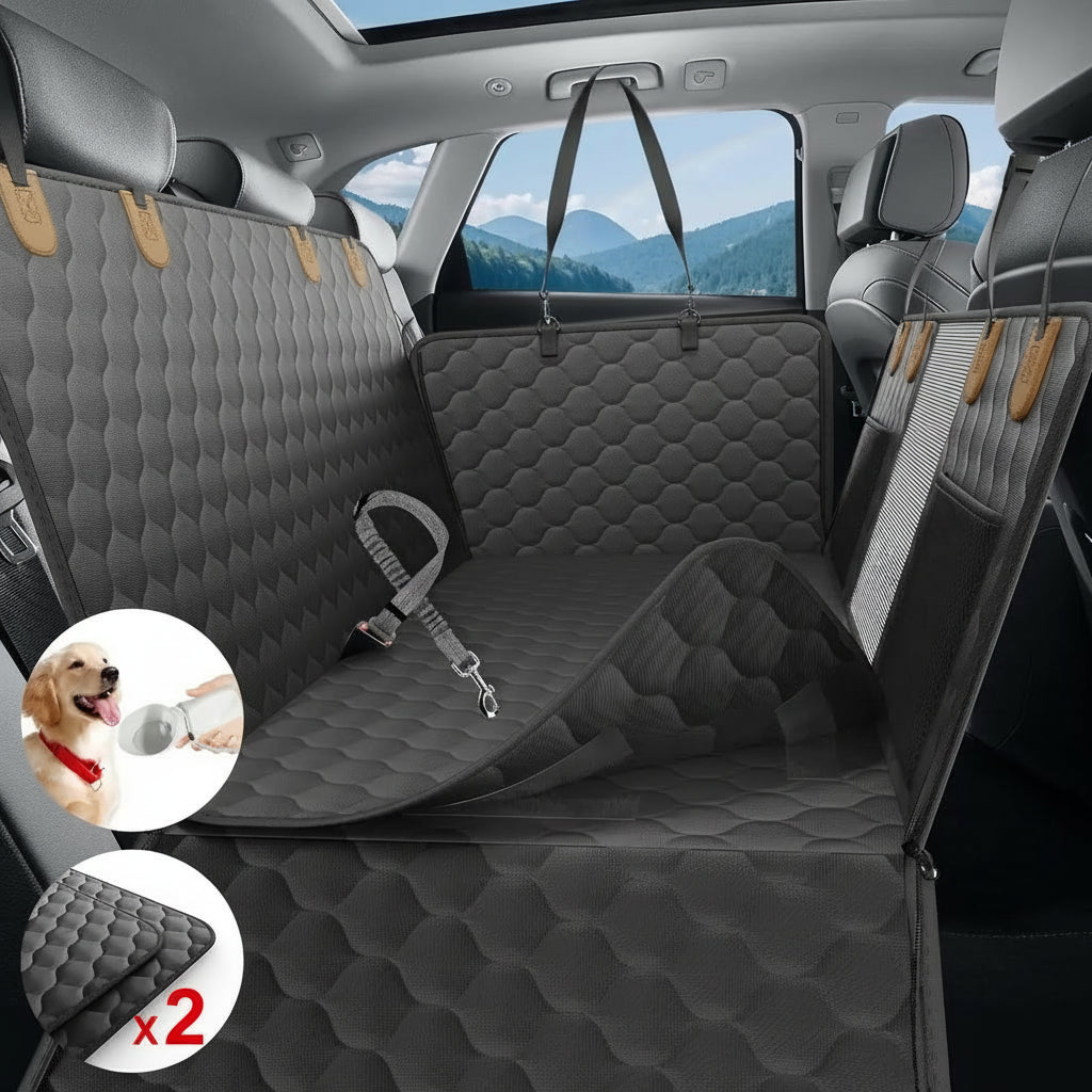 Car bench seat cover with quilted design and pet safety harness, shown in a car interior.