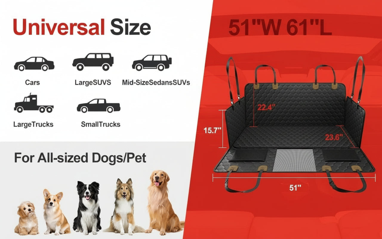 Dog car seat cover with dimensions and compatibility features on an orange background