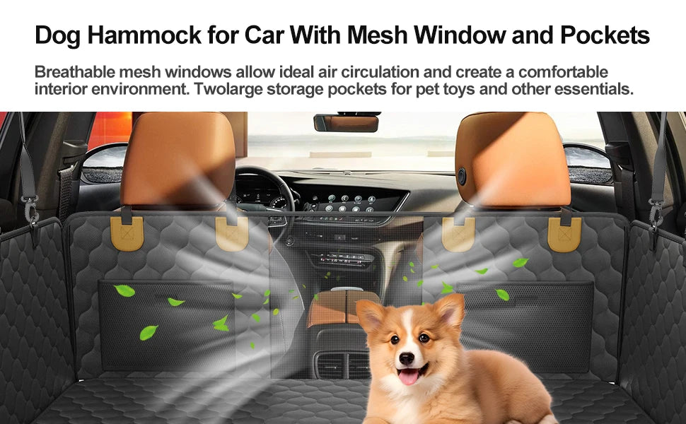 Dog hammock for car with mesh window and pockets inside a vehicle, featuring a dog sitting on it.
