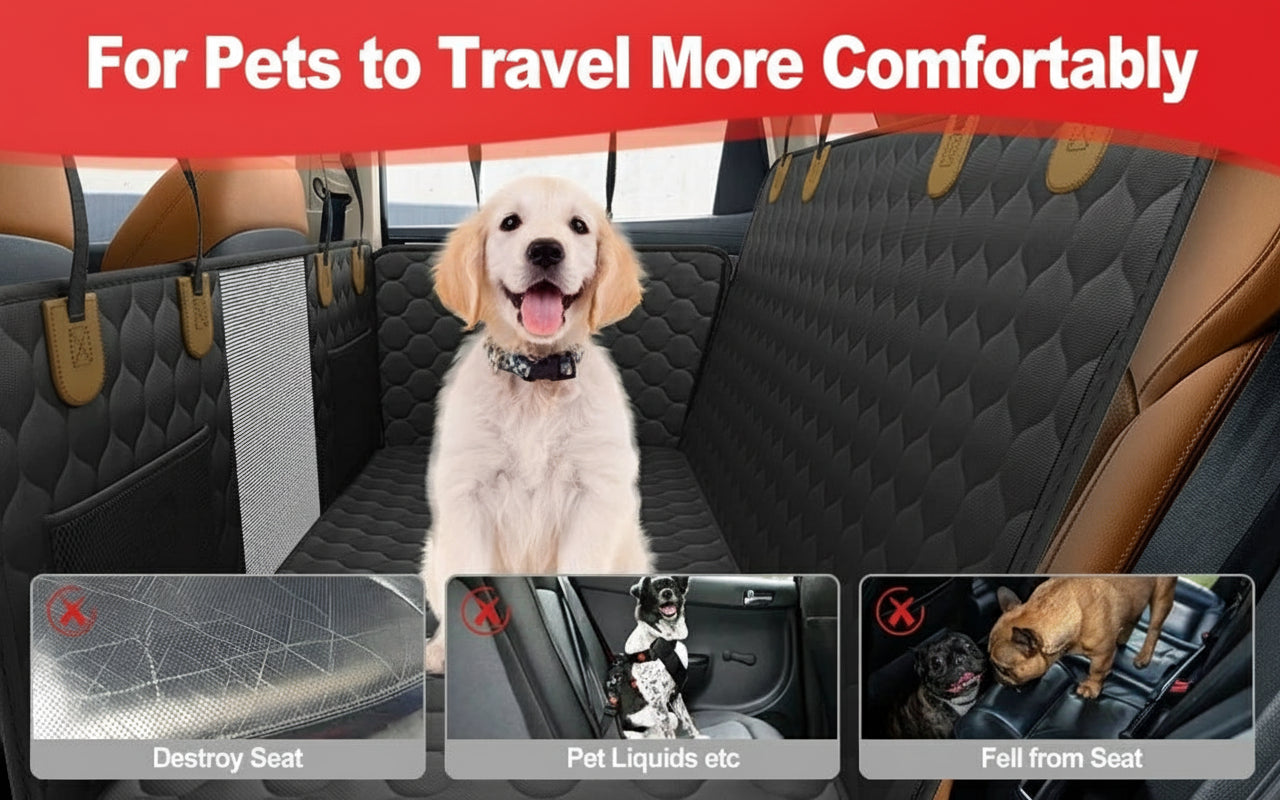 Dog sitting in a car with a black seat cover, promoting comfort during travel.