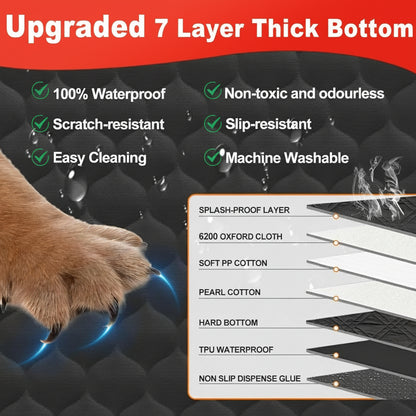 Product advertisement for a pet mat with features listed and a paw print on a dark background.