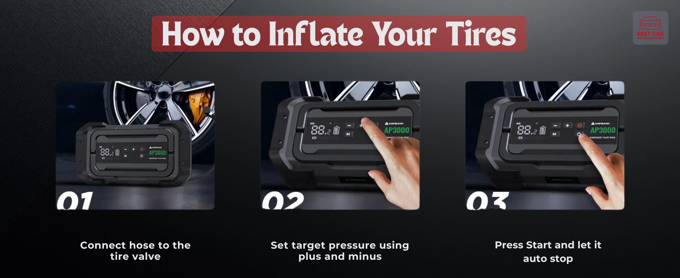 Step-by-step guide on how to inflate tires using a tire inflator device.