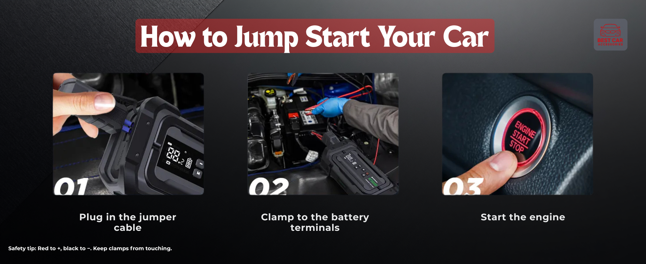 Step-by-step guide on how to jump start a car with visual instructions.