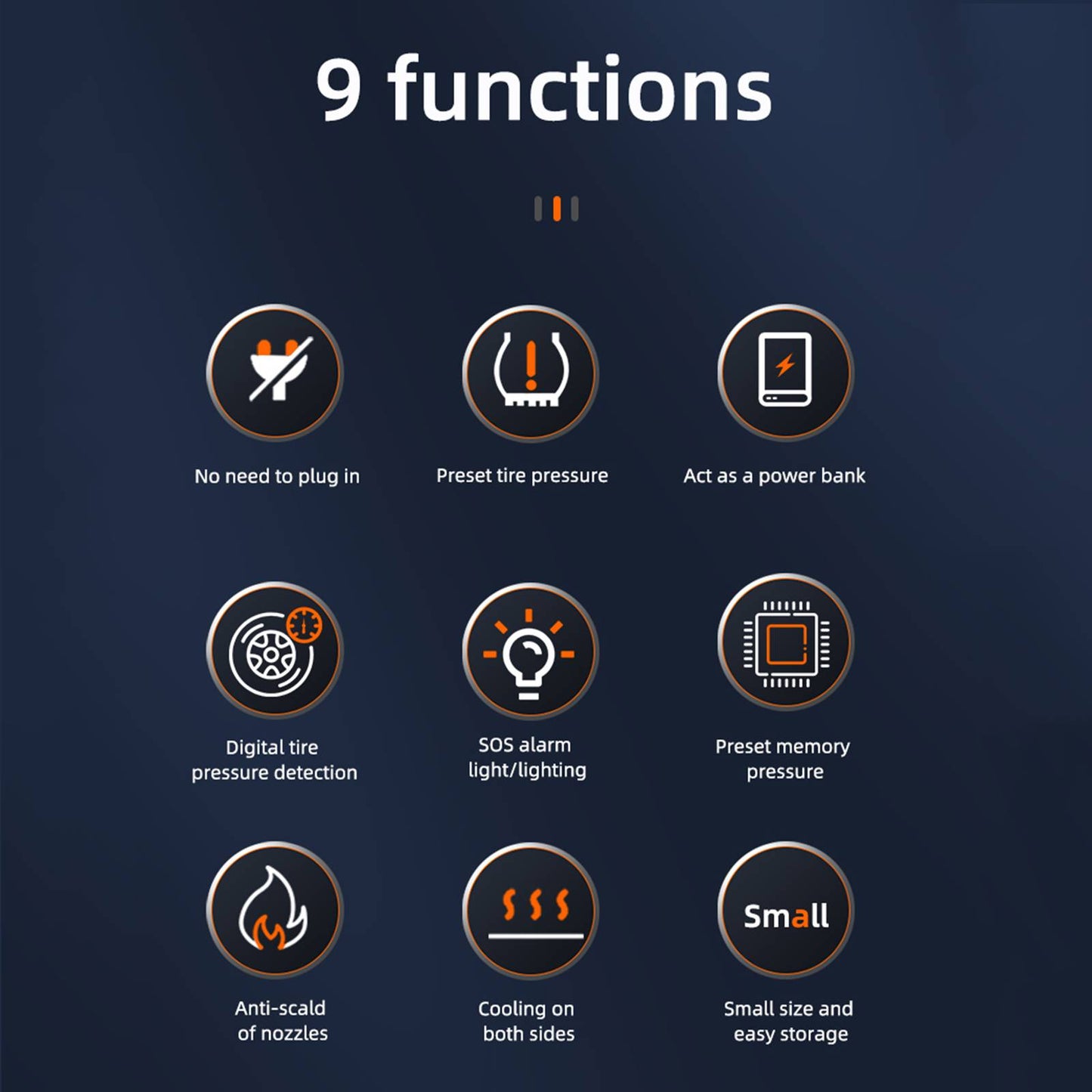 BCA portable digital tire inflator 9 key functions icons including preset pressure, power bank, SOS light and compact size