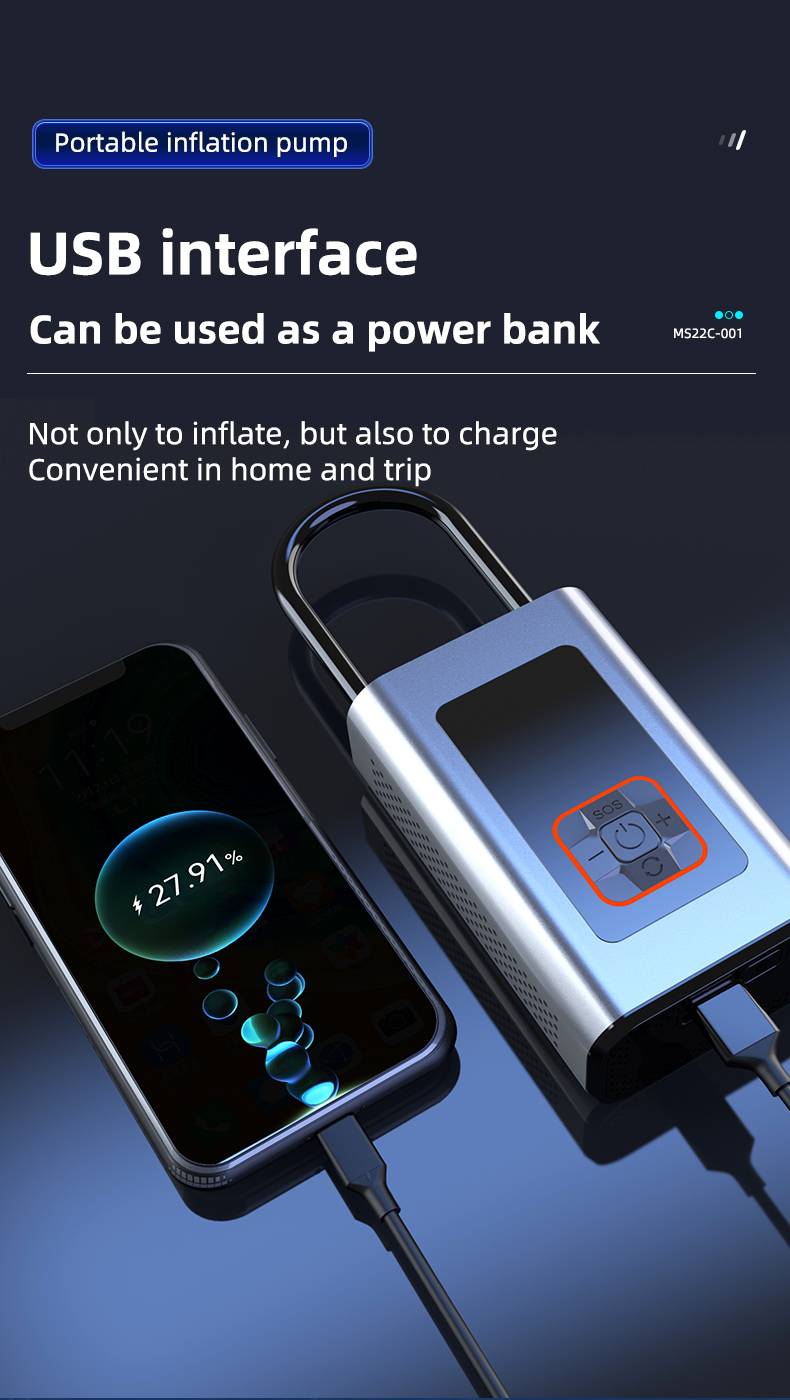 BCA portable digital tire inflator used as a power bank charging a smartphone via USB